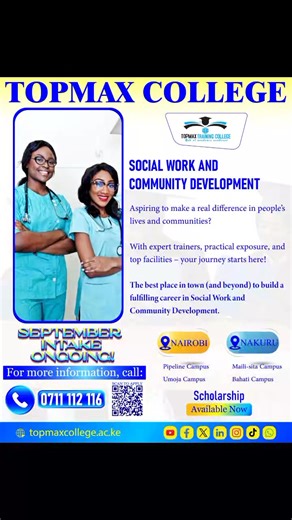 Shape a Better Tomorrow Through Social Work & Community Development 📣 Enroll today at Topmax Training College for a Certificate or Diploma in Social Work & Community Development Our programs are designed to equip you with the knowledge and hands-on skills to uplift individuals, families, and communities while promoting social change and development. 🔑 Career Opportunities: ✔️ Social Worker ✔️ Community Development Officer ✔️ NGO & Humanitarian Program Assistant ✔️ Child & Youth Welfare Officer