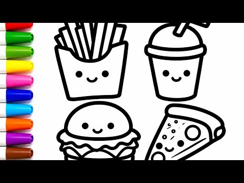 Easy Fast Food 🍔🍟🍕🥤colouring and drawing| Learn Colors | Cute Kawaii Food Drawing