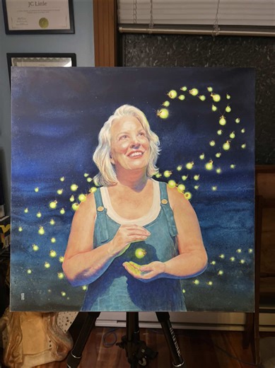 Finishing touches, like a last dance of blessings, spells and charms before releasing this child 🪄🎨 into the world. Part 24. Finishing touches. Watercolour and 24k gold leaf on 22 x 22” clay panel. Muse courtesy Holly 💎 ***** #ideas #fireflies #watercolor #painting #canadianartist