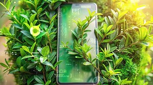 Smartphone analyzing green plants using modern technology
