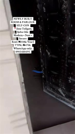 TO LET - Newly Built Room & Parlour Self-Contained A newly built room and parlour self-contained apartment is available at Ilese Tollgate, Ijebu-Ode, in a clean and accessible environment. Features: • Newly built apartment • Neat and modern finishing • Secure and accessible location Yearly Rent: ₦350,000 Total Package: ₦470,000 WhatsApp only: 09054184195 Inspection attracts a fee.