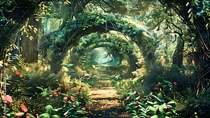 An enchanted forest with magical arches