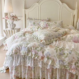 Vintage Floral Lace Cotton Bedding Set A227 Shabby Chic Duvet Cover With Ruffles Roses - Etsy