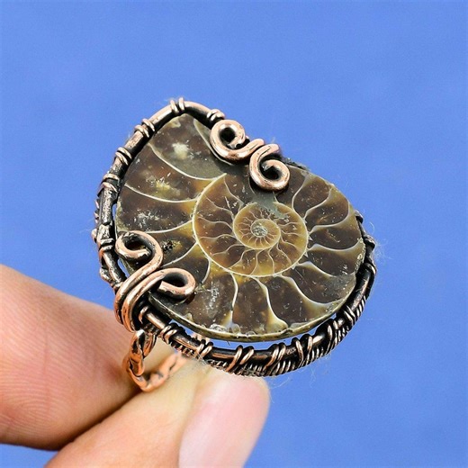 Ammonite Fossil Ring, Handmade Wire Wrapped Ring, Spiral Shell Fossil Jewelry, Statement Ring, Adjustable Copper Ring, Nature Inspired Gift - Etsy