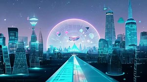 Download Fantasy futuristic city neon cyberpunk bright glowing skyscrapers skyline future cloudy cloudpunk solarpunk art panorama modern architecture imagination creativity aerial shot ethereal for free