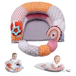 2-in-1 Tummy Time Baby Mat & Seated Support Pillow, Tummy Time Cushion with Detachable Support Prop and Toys, for Early Development Support for Newborns and Older Babies