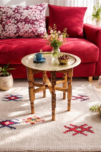 Oriental Side Table in Brass and Cedar Wood, Handcrafted. - Etsy