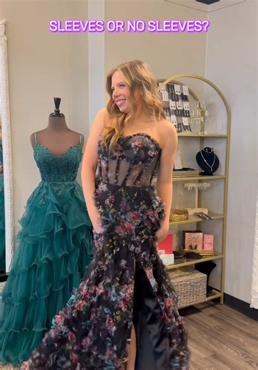 How would you wear this gorgeous floral prom dress? 🖤🌷✨ #believeprom #prom2026 #promseason #promdressshopping #floralpromdress