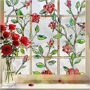 Stained Glass Window Film, Window Privacy Film Frosted Faux 3D Floral Decorative Static Cling Heat Blocking Window Tint, Rose, 35.4" x 78.7"