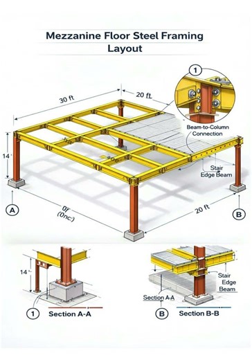Basic Knowledge for Civil Engineering | Mezzanine Floor Steel Framing Layout | #shorts