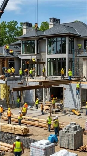 MiniWorld Creations: workers are building a multi-storey house