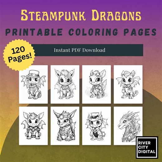 Steampunk Dragons Coloring Pages Printable | Fantasy Dragon Coloring Book | Instant Digital Download - Etsy