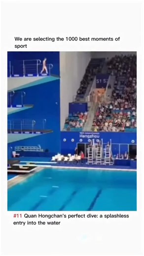 Momentsofsports1k on Instagram: "Quan Hongchan, a young Chinese diver, performed an incredible dive during the Asian Games in Hangzhou, entering the water from the 10-meter platform with virtually no splash. The audience was amazed to see how her body pierced the water’s surface with such precision that it seemed the water hadn’t moved at all. This technique is the result of years of training and refinement. Divers like Quan learn to enter the water with their bodies perfectly straight and arms 