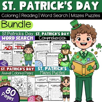 St Patrick’s Day Activities Bundle | Coloring Pages Reading Word Search Mazes