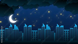City Landscape Night View With Moon Rising And Blinking Stars Moving In The Sky. Night City Cartoon Animation Video. Cartoon Night City 2d Animation Video, Cartoon City Buildings 2d Animation Videos A