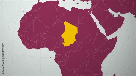 Chad map. Animated zoom into the country on the Globe in Pale Mint Dark Pink color palette. Country logo animation with round text and airplanes. Map with meridians, parallels. Neat video.