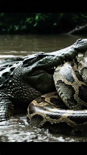 Real crocodile with sharp teeth biting deep into the neck of a huge python