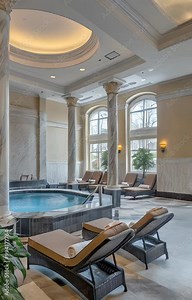 vertical slow motion video of Luxurious indoor spa pool with Marble Columns and lounge chairs
