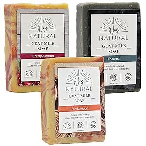 Goat Milk Soap Bars 5oz, Natural, Sandalwood, Cherry Almond, Charcoal | Variety 3-Pack, Handmade in USA, Gentle, Moisturizing, Dry Skin, Cold Process, Hands & Body, Women & Men, No Dyes