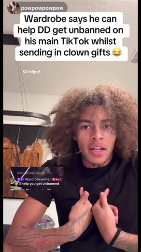 (forgot to post this ) @Wardrobewinter help out DD so he can go live!! we know you can do it 😂 .. Wardrobe sending in clown gifts whilst DD going off about being banned on his main Tiktok 😂 #ddosama #maliah #wardrobe #fyp #clowns