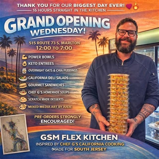 Graham's Signature Meals/ Graham’s Signature Kitchen on Instagram: "🔥 GRAND OPENING WEDNESDAY 🔥 Yesterday was the biggest day in GSM history — and I can’t thank you enough for the love and support. I cooked for 16 hours straight pouring my heart into every single meal, and because of you… we SOLD OUT fast. So here it is 👇 📍 GSM FLEX KITCHEN 515 Route 73 S, Marlton 🕛 Wednesday | 12:00 PM – 7:00 PM 🚨 PRE-ORDERS STRONGLY ENCOURAGED 🚨 (Items are selling out faster than ever — lock in your fav