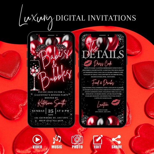 Digital Babes & Bubbles Invitation, Animated Champaign Valentine Glam Red Black Invite, Elegant Girls Evite, Editable Ecard - Etsy