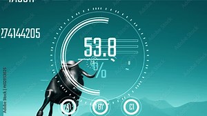 bullish animation with statue of angry bull pose. Cow animal with horns with blue background and hud user interface industrial overlay layer
