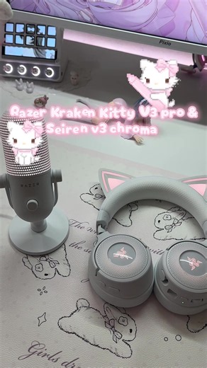 🍰💞 Thank you @Razer for sending me this perfect headset and mic duo ⊹ ࣪ ˖ ໒꒱ { Razer Kraken Kitty V3 Pro - Kitty Ears and Earcups - 7.1 Surround Sound { Seiren V3 Chroma - Multi-Function Tap-To Mute Sensor - Supercardioid Condenser Mic Both available at Razer.com ⭑.ᐟ #ThisIsMyKrakenKitty #RazerSeirenV3Chroma #gifted #gamergirl #pinksetup