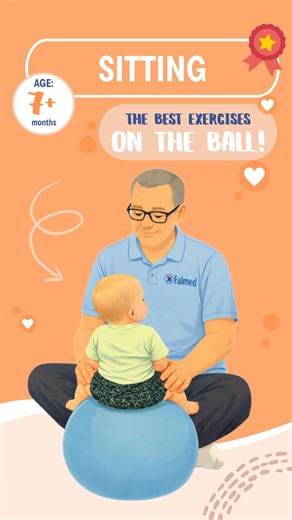 ⚽ The ball is your Baby’s best developmental friend! Sitting exercises and play on the ball are introduced from 7 months of age. 🤲 Start with a proper, secure hold — place the ball between your thighs, stabilize it, and only then sit your Baby in the center. 🌀 Begin with gentle bouncing and vibrations. Side-to-side and forward–backward balance will come after a few days, once your Baby gets used to the ball and the upright position. 👶 If your Baby doesn’t sit upright, bends forward, or feels 