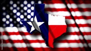Flag of Texas in the shape of Texas state with the USA flag in t