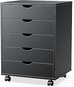 5 Drawer File Cabinet Wood Rolling Organizer Storage Chest with Wheels Mobile Printer Stand for Home Office, Black