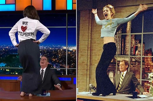 Drew Barrymore Makes a Fashionable Statement While Recreating Her Viral Late-Night Desk Dance with Flashy Performance