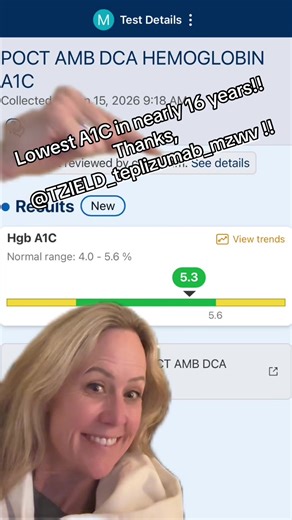#iykyk a “green” #A1C is AMAZING (especially with all these antibodies I have!) My 5.3 is the lowest it’s been since I had my son in 2010! 🤯 The only thing I did in 2025 that was different (aside from continual monitoring, taking insulin, eating low carb and running marathons!!) was @TZIELD_teplizumab_mzwv treatment! If you have any questions or think you might be a candidate, take a peek at their page and learn more! #t1d #tzield #type1diabetes