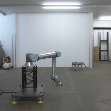 A robot’s best friend 🐶 You can't teach an old dog new tricks. But maybe they can be programmed? 🤔 Take a look at this good boy playing fetch with a robot. Art piece prototype "Infinite Fetch" by AATB 🦾 #robots #cobots #automation | Universal Robots