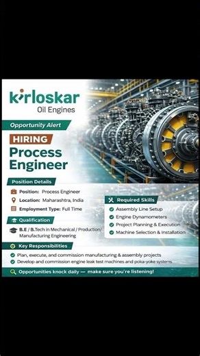 Kirloskar Recruitment 2026 | Process Engineer | B.Tech Mechanical/Production | Core Jobs #shorts