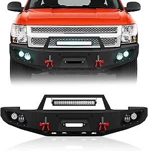 SUORTO Black Front Bumper Compatible with 2007-2013 2nd Gen Chevy Silverado 1500 Off-Road Pickup Truck Bumper Equipped with Winch Plate, Sensor Holes, License Plate Bracket & D-rings