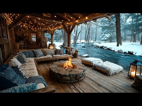 Winter Riverside Porch Campfire with Forest Nature Sounds