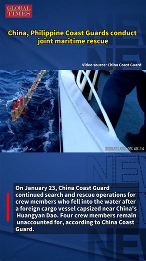 On January 23, China Coast Guard continued search and rescue operations for crew members who fell into the water after a foreign cargo vessel capsized near China's Huangyan Dao. Four crew members remain unaccounted for, according to the China Coast Guard. China Coast Guard vessels Dongsha and Sanmen have joined forces with the Philippine Coast Guard vessel 9701, which arrived at the scene that evening, to conduct a sector-by-sector search and rescue operation in the waters where the incident occ