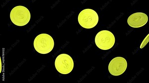 Falling Golden Dollars Coin Animation, with Alpha Channel, Loop