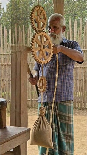 Village Genius Builds Electricity-Free Ceiling Fan From Wood #woodworking #shorts #treetrunk