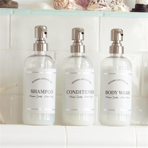 Set of 3 Clear Plastic Shampoo Bottles, Soap Dispenser Set With Waterproof Labels, Pump Bottles for Shampoo, Conditioner, Body Wash and More - Etsy