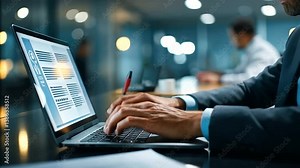 Businessman in modern office interacts with virtual user guide icon on laptop for online manual and strategy advice. Stock Video
