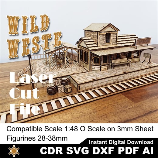 Wild West Train Station Laser Cut Engraving files Railway O scaled for Figures 28mm-35mm Wargaming Terrain Tabletop Scenery | 1:48 | Vector