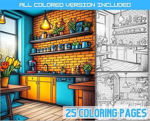 Modern Home Interior Coloring Pages: Kitchen & Living Room (digital Download) - Etsy