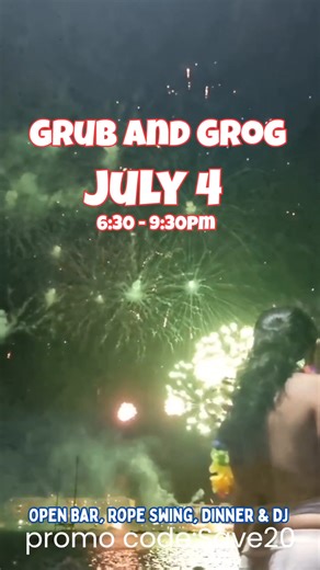 Serving July 4th energy with DJ, dinner, and open bar - perfect timing to catch the 🎆 display over the water. 🇺🇸 Come join the Grub and Grog party! #adultsonlycruise | Jolly Pirates Aruba