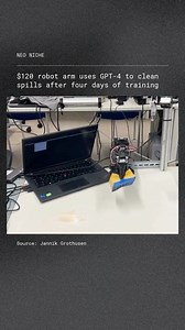 914K views · 5.2K reactions | Two roboticists from UC Berkeley and ETH Zurich used GPT-4 to train a $120 robot arm to clean spills. In just four days, they programmed the arm with a visual language model and 100 demo actions, demonstrating practical Al-driven robotics on a budget. | Science Of The Universe | Facebook