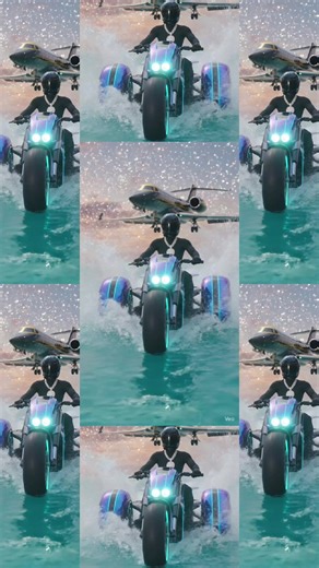 A cinematic 8k shot of a confident young Black male known as 'Mr. 3200 Watts,' wearing a heavy, shimmering platinum chain and custom designer gear. He is riding a high-end amphibious trike with Marlboro Blue-to-Purple flip-flop paint and carbon fiber rally stripes. The trike is tearing across turquoise tropical waters, with chrome hubless wheels blasting visible bass waves from integrated 3200-watt subwoofers. Behind him, a massive gold and carbon fiber private jet flies low in a sky filled with