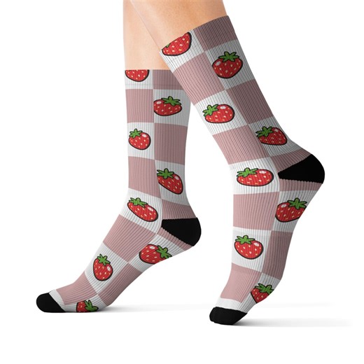 Checkered Strawberry Socks, Fruit Pattern Crew Socks, Unisex Sublimation - Etsy
