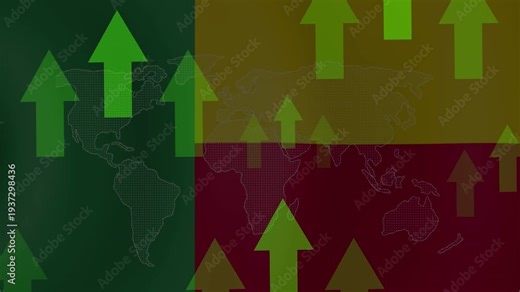 A dynamic visualization of global economic growth, featuring upward-pointing arrows against a backdrop of world maps and national flag colors, suggesting progress.
