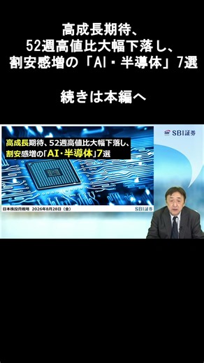 【SBI証券】高成長期待、52週高値比大幅下落し、割安感増の「AI・半導体」7選 (8/28)